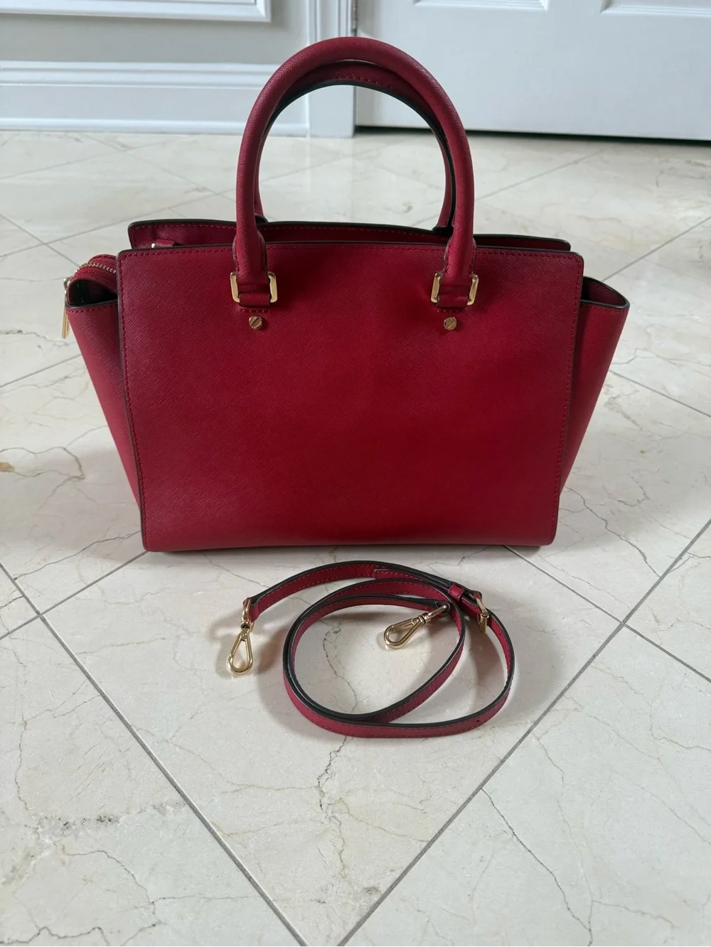 Michael Kors Red Saffiano Satchel with Removable Strap